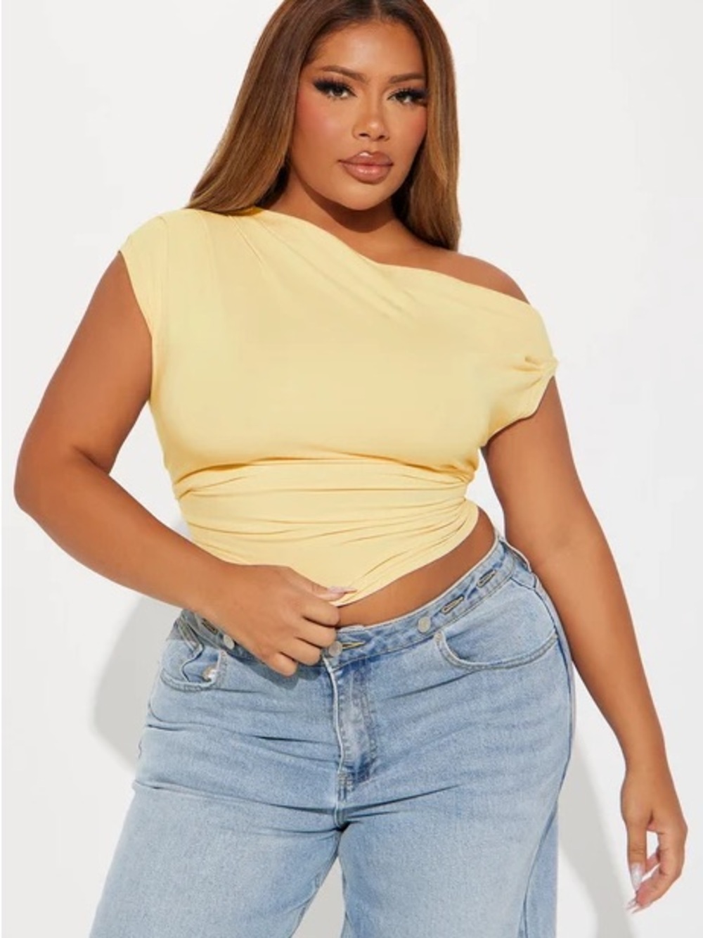 Fashion Nova One-Shoulder Ruched Crop Top - Pale Yellow